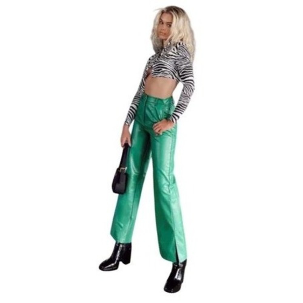 Princess Polly Green Faux Leather Wide Leg Pants High Rise Split Hem Size 8
